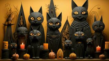 A mischievous group of cartoon black cats, playfully chasing each other amidst a whimsical array of pumpkins, creates a captivatingly spooky halloween scene indoors, AI Generative photo