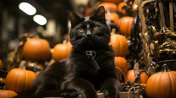 On a dark halloween night, a sleek black cat lies among an array of colorful pumpkins and squash, surrounded by the warmth of the indoors and a festive spirit of the season, AI Generative photo