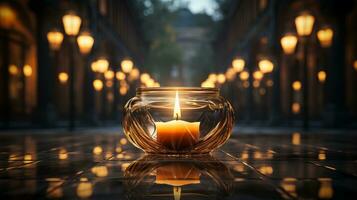 In the soft, warm glow of the candlelight, a delicate glass bowl brings a romantic ambiance to any outdoor space, AI Generative photo