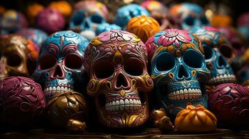 A vivid and vibrant display of colorful skulls captures the imagination, evoking a sense of mystery and wonder, AI Generative photo