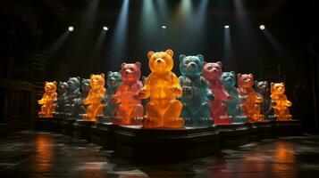 un vibrante formación de osos ejecutando en un brillantemente iluminado escenario, cada uno en pie como un cautivador juguete estatua, ai generativo foto