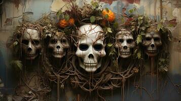 un impresionantemente salvaje pintura de calaveras adornado con vibrante flores y vides capturas el complejidad de vida y muerte en uno cautivador imagen, ai generativo foto