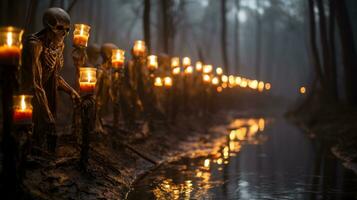 un fila de velas en palos y esqueletos en un bosque, ai generativo foto