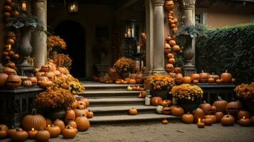 A grand staircase filled with vibrantly-colored pumpkins and flowers brings a festive touch of autumnal delight to both indoor and outdoor spaces, AI Generative photo