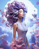 A whimsical cartoon woman with wild purple hair and a dazzling outfit adorned with vibrant pink flowers exudes an air of free-spirited fashion, AI Generative photo