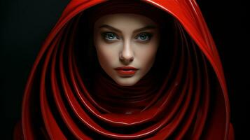 un vibrante retrato de un elegante mujer cubierto en un apasionado rojo bufanda capturas el Arte de moda, ai generativo foto