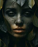 A captivating portrait of a woman, her face adorned with water droplets and leaves, evoking a sense of wildness and beauty, AI Generative photo