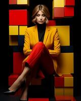 A vibrant and stylish young woman confidently sits in a chair, adorned in a bold red outfit and fashionable footwear, radiating an empowering sense of poise and grace, AI Generative photo