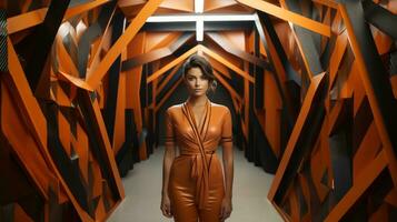 A statuesque woman with an alluring orange ensemble stands gracefully against a tan wall, blending fashion and art together in a captivating indoor display, AI Generative photo