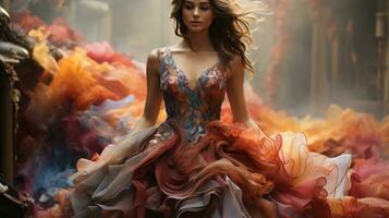 un joven mujer vestido en un impresionante, elegante vestir irradia confianza y elegancia, encarnando el Arte de moda, ai generativo foto
