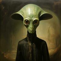 un misterioso pintura representando un persona vistiendo un máscara de un verde extraterrestre cabeza y adornado con un cráneo evoca un sentido de de otro mundo arte y temor, ai generativo foto