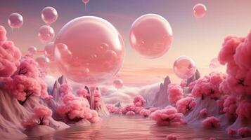 un al aire libre paisaje de caprichoso rosado arboles y flotante globos lleno con espumoso agua cautiva el espectador con sus soñador ambiente, ai generativo foto