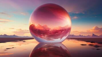 A breathtaking reflection of nature's wonders - from the clouds in the sky, to the lakes and mountains below - captured in a single glass ball, AI Generative photo