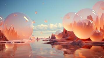 A vibrant sky of pink and orange hues stretches across a tranquil landscape, with fluffy clouds and playful balloons floating lazily above the shimmering waters below, AI Generative photo