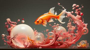 A vibrant gold fish swims energetically through a playful pink and white liquid, captivating the imagination and bringing a cartoon-like atmosphere to the aquarium, AI Generative photo