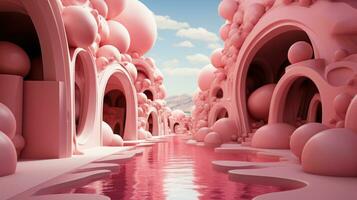 A vibrant pink sky filled with fluffy clouds and an outdoor art tunnel lined with whimsical pink balls create an awe-inspiring dreamscape, AI Generative photo