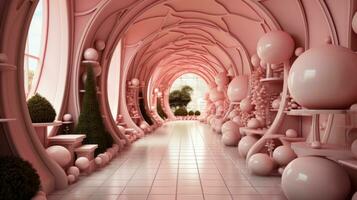 un caprichoso rosado túnel, muy lleno con vida desde el lozano plantas creciente dentro y el vibrante pelotas colgado desde el árboles, crea un encantador interior oasis, ai generativo foto