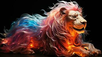 un majestuoso león con un vibrante melena de deslumbrante colores capturas el ojo, evocando un sensación de salvaje belleza y poder en el salvaje, ai generativo foto