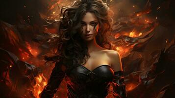 A woman in a black dress stands amidst a raging inferno, her gaze fixed determinedly on the future, a image of courage and resilience, AI Generative photo