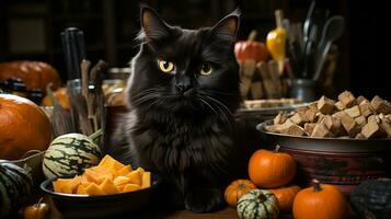 On halloween night, a black cat lounges around an array of fresh produce and other tasty treats, enjoying the indoors while basking in its felidae glory, AI Generative photo