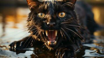 The striking image of a black cat with its mouth open, its whiskers glistening in the outdoor light, conveys the wild and mysterious nature of felidae in a captivating way, AI Generative photo