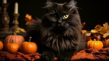 un negro felino con suave bigotes mentiras contentamente en un calentar frazada, sus ojos reluciente en el oscuro como calabazas, símbolos de el próximo Víspera de Todos los Santos festividades, rodear él, ai generativo foto