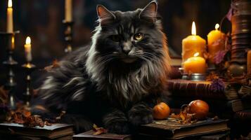 A curious cat contentedly basks in the warmth of a flickering candle, surrounded by books and embodying the coziness of a tranquil indoor space, AI Generative photo