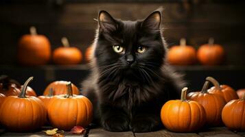 On a dark autumn night, a mysterious black cat with bright eyes and whiskers curiously peers around a pile of colorful pumpkins, embodying the spirit of halloween, AI Generative photo