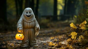 On a cool autumn night, a white, cartoon-like figure stands outside with a pumpkin lantern in hand, wearing a spooky face mask, reminding us of the fun of halloween, AI Generative photo