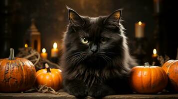 On a candlelit table, a black cat rests among the autumnal pumpkins, symbolizing the harmony between animals and nature during the halloween season, AI Generative photo