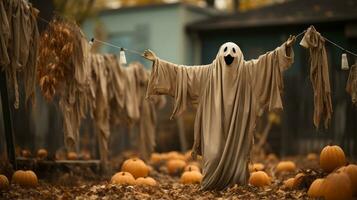 un fantasma soportes en un crujiente otoño día, rodeado por un abundante cosecha de calabazas y calabaza, mientras un cama de heno mentiras debajo su pies me gusta un alfombra de verduras, ai generativo foto