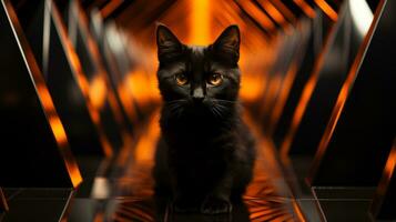 A black cat with vibrant orange eyes stares intently at the dancing flames of the fireplace, its long whiskers twitching as it basks in the warmth of the indoors, AI Generative photo