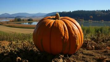 On a crisp autumn day, the bright orange hue of a giant pumpkin standing out against the lush grass and dramatic sky sets the scene for a magical halloween, AI Generative photo