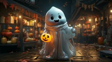 A cartoon character wearing a ghost garment holding a pumpkin, AI Generative photo