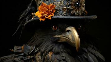 A majestic eagle, its feathers dark and proud, stands tall wearing a unique hat that contrasts its wild beauty, AI Generative photo