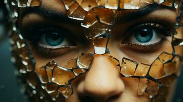 A woman's shattered gaze stares out from behind a glass mask, conveying a haunting emotion of beauty and fragility, AI Generative photo