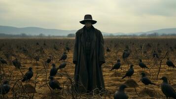 A man stands in an outdoor field beneath a vast sky, surrounded by birds and clouds, with a hat atop his head and the distant mountains on the horizon, AI Generative photo