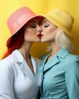 dos mujer, ambos vistiendo de moda sombreros, compartir un apasionado Beso en un interior configuración, abrazando cada otro con calor y amar, ai generativo foto