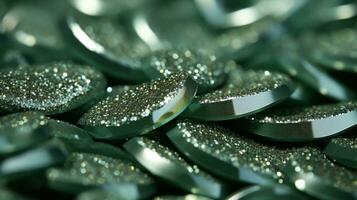 A closeup of a pile of glimmering silver and green coins, their surfaces sparkling with dewdrops of morning moisture, AI Generative photo