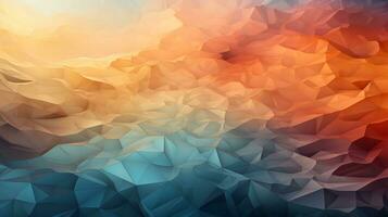 This vibrant abstract artwork showcases a mesmerizing low polygonal landscape of orange and blue triangles, creating an explosion of colorfulness and peach-hued beauty, AI Generative photo