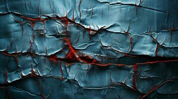 A chaotic landscape of a cracked blue surface with red streaks runs across the canvas, capturing an abstract moment of frenzied emotion, AI Generative photo