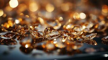 A shimmering pool of golden light reflecting off the amber stones creates an enchanting atmosphere, AI Generative photo