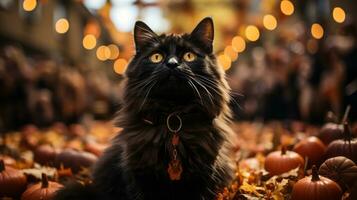 un siniestro negro gato con espasmos bigotes y un calabaza para un compañero se sienta encima un cama de otoño hojas, mezcla el desenfreno de naturaleza con el misterioso de Víspera de Todos los Santos, ai generativo foto