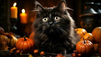 On halloween night, a curious cat lay contentedly amongst pumpkins and candles, illuminated by the flickering light of a vegetable-filled indoor celebration, AI Generative photo