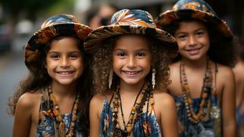 A group of vibrant young ladies stand together outdoors, adorned with hats and necklaces that bring a smile to their faces, AI Generative photo