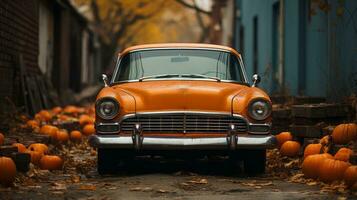 On a spooky halloween night, an eye-catching orange car parked on the ground between two pumpkins created an enchanting scene of vehicle and squash, AI Generative photo