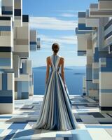 A beautiful woman stands in a sun-filled room, her long gown flowing elegantly around her as she stares out the window to the sky beyond, AI Generative photo