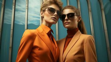 Two stylish women stand confidently outdoors, their orange suits and sunglasses providing a chic and vibrant look, AI Generative photo