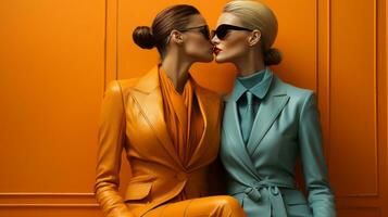 Two stylish women in yellow suits and sunglasses embrace passionately against a blank wall, their kiss symbolizing a shared sense of fashion and freedom, AI Generative photo