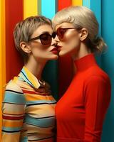 Two stylish women wearing sunglasses embrace in a passionate kiss, their fashionable eyewear reflecting the playful energy of their moment, AI Generative photo